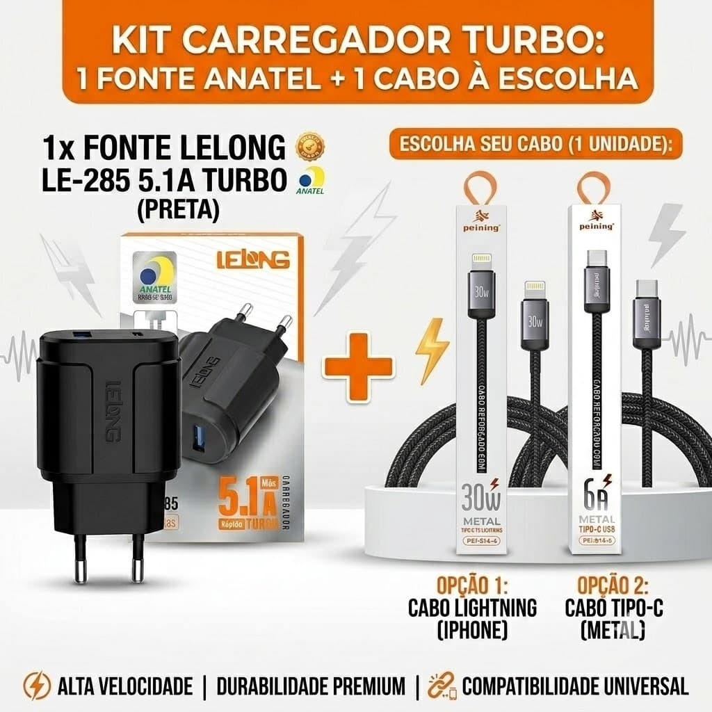 Kit Carregador Lelong Fonte Dupla (USB + Tipo C) + Cabo Metal Reforçado Turbo Peining - Escolha o Modelo