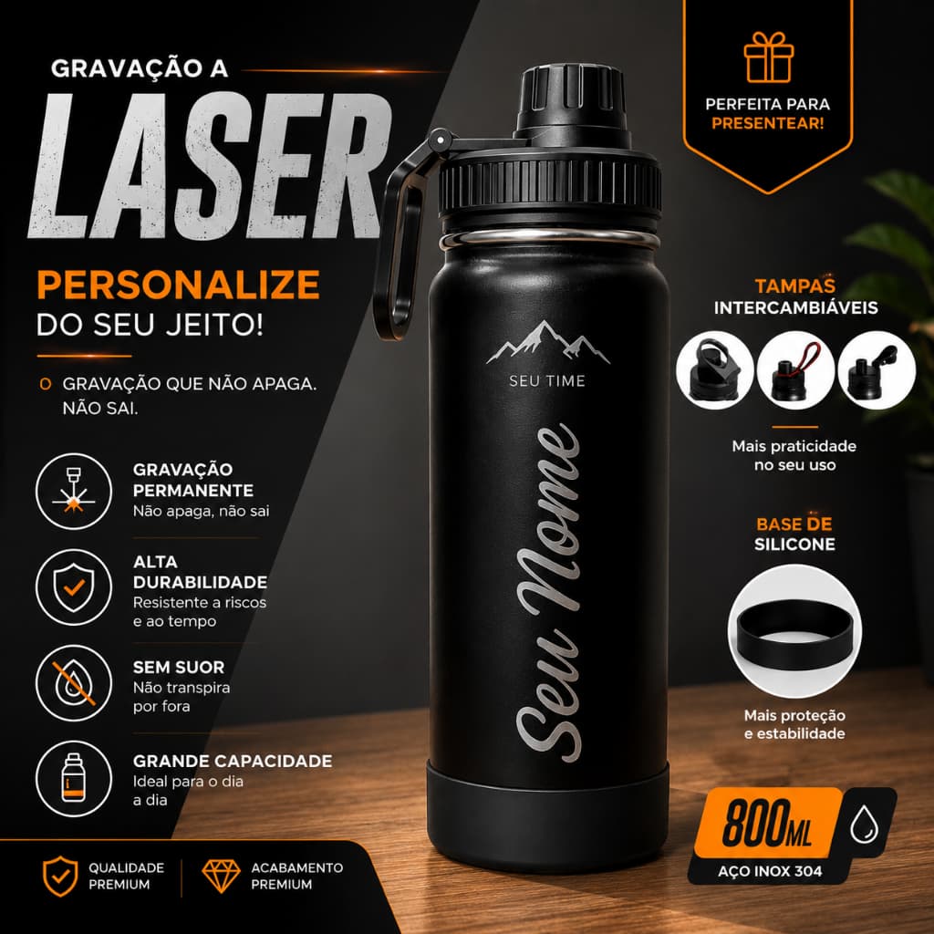 Garrafa Inox Térmica Personalizada 800ml | Nome e Logo Gravados a Laser