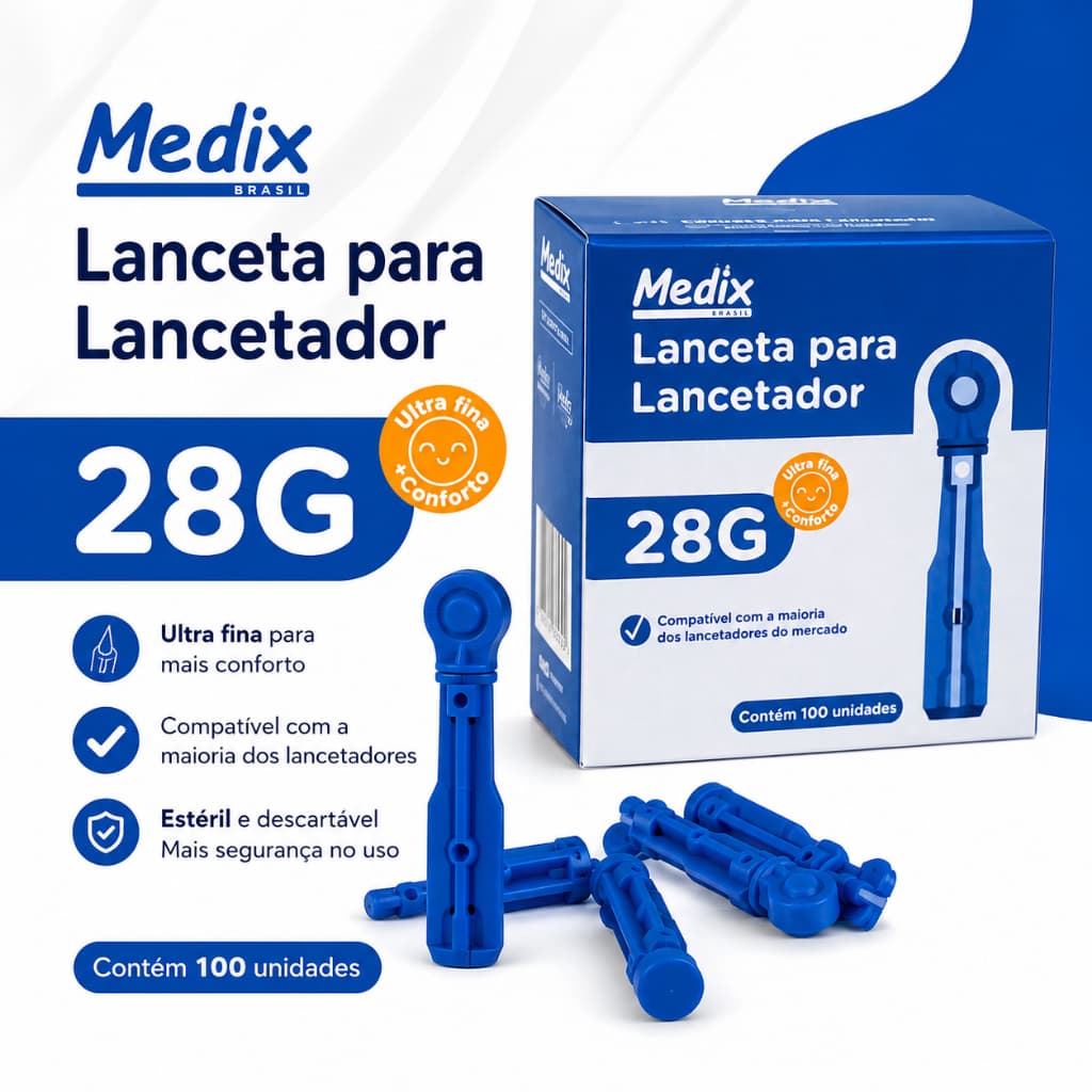 Lanceta Medix 28G para Lancetador Caixa com 100 Unidades Estéril Descartável Original