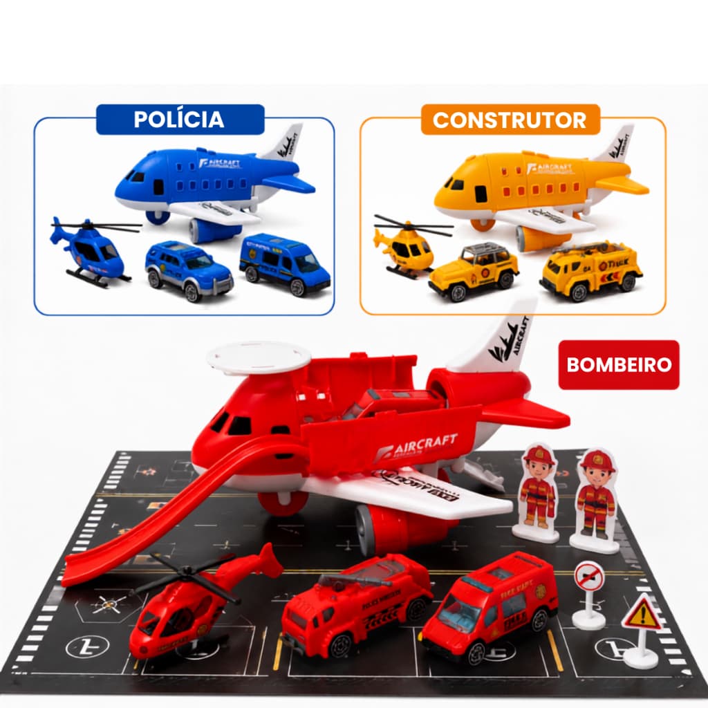 Avião Pista Construtor/Policia/Bombeiro Cargueiro com Mini Helicóptero 2 Carrinhos Bonecos e Pista