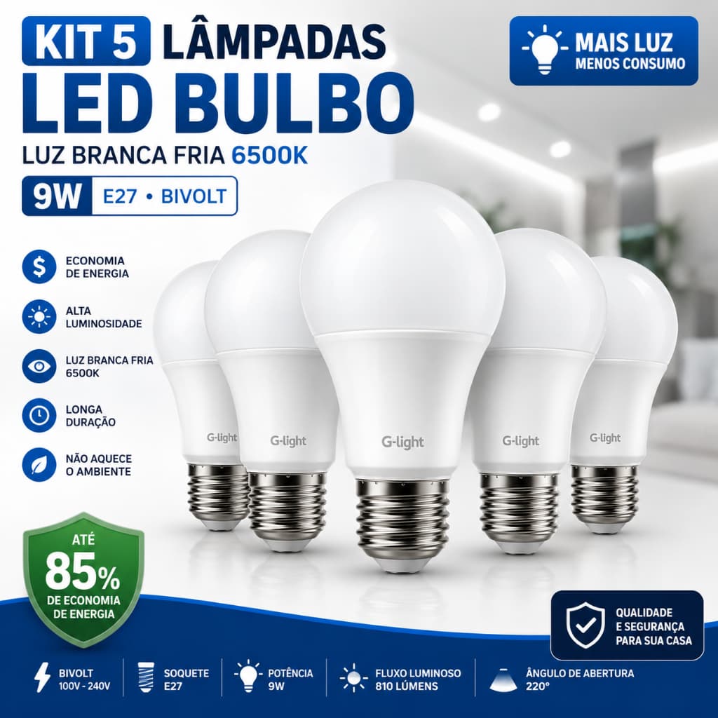 Kit 5 Lâmpadas Led Bulbo 9W E27 6500K Luz Branca Fria Econômica Bivolt