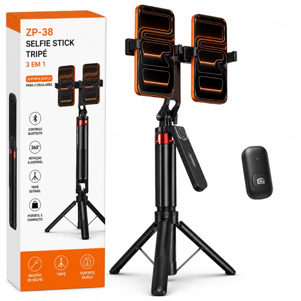 Tripé Bastão Selfie Bluetooth ZP-38 Duplo Para 2 CelularesEnvio Imediato