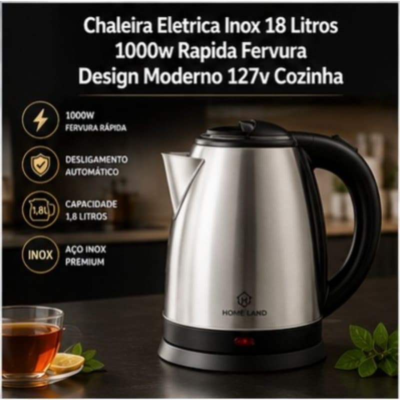 Chaleira Elétrica Inox 1,8L 1000W Fervura Rápida Desligamento Automático 127V