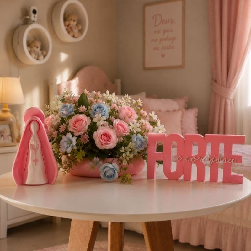 kit decorativo para quarto de menina, decoração quarto infantil, Virgem Maria, forte e corajosa, vaso de flores infantil