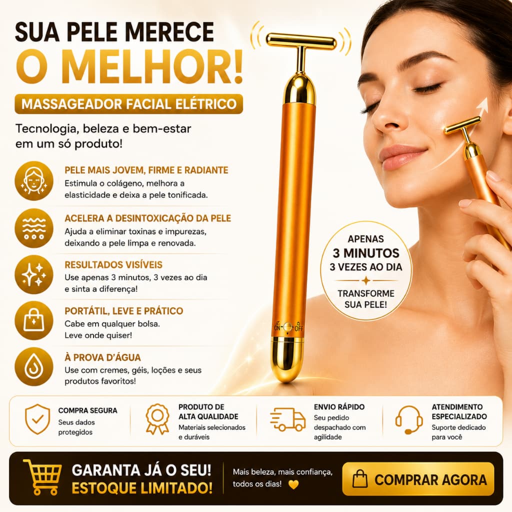 Massageador Facial Elétrico Gold 24K Harmonização Anti-rugas Vibratório Portátil Skincare À Prova D'Água