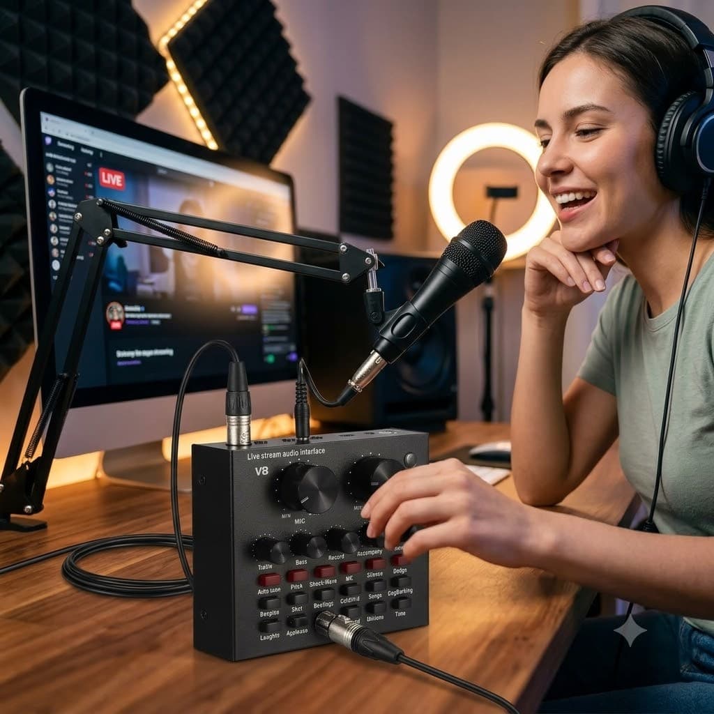 Mesa de Som Interface de Áudio V8 Bluetooth + Microfone Dinâmico Profissional para Live Podcast Streamer
