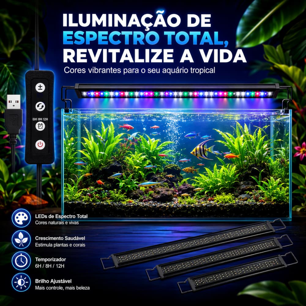 Luminária LED Aquário Plantado Newpet Slim 3 Módulos de Cor Controlador 30 a 60cm Bivolt