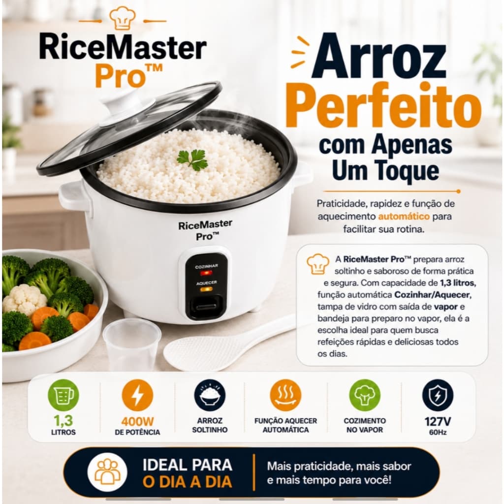 Panela de Arroz Elétrica 1,3L 127V 400W com Cozimento a Vapor Tampa de Vidro Bandeja Vapor Branca RiceMaster Pro™