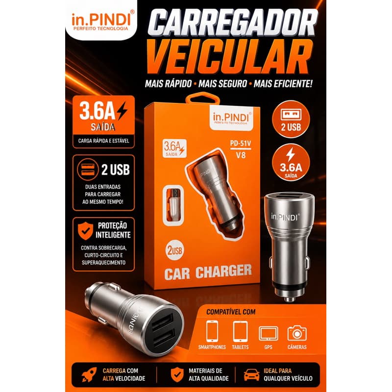 Fonte Carregador Veicular Turbo 3.6A | 2 USB