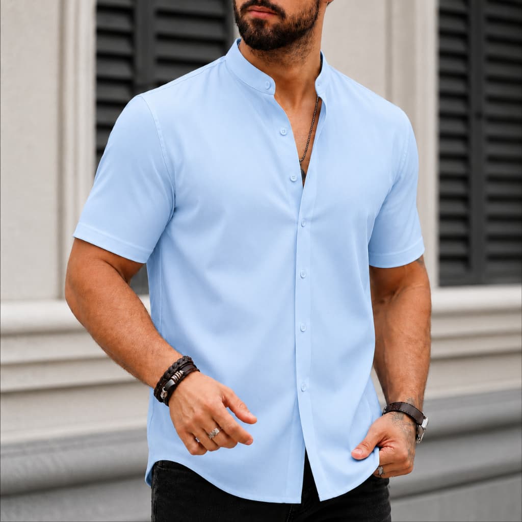 Camisa Social Masculina Slim Fit Com Gola Clássica E Manga Curta Para Uso Casual