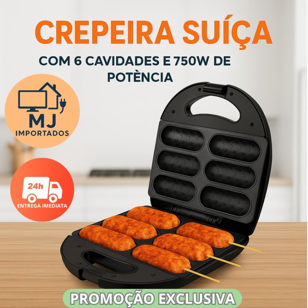 Máquina de Crepe Suíço Elétrica 750W | 6 Unidades por Vez | Entrega Rápida