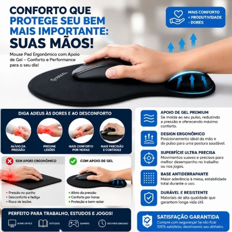 Mouse Pad Ergonômico com Apoio de Punho em Gel Kapbom Antiderrapante Preto Confortável para PC Notebook