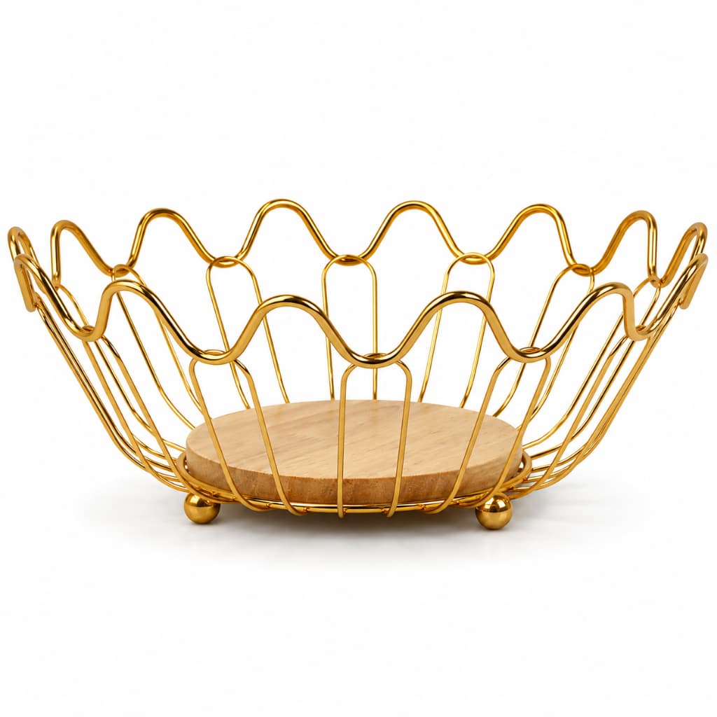 Fruteira de Mesa Aramada Metal Dourado 27cm com Base de Madeira Organizador Decorativo Premium