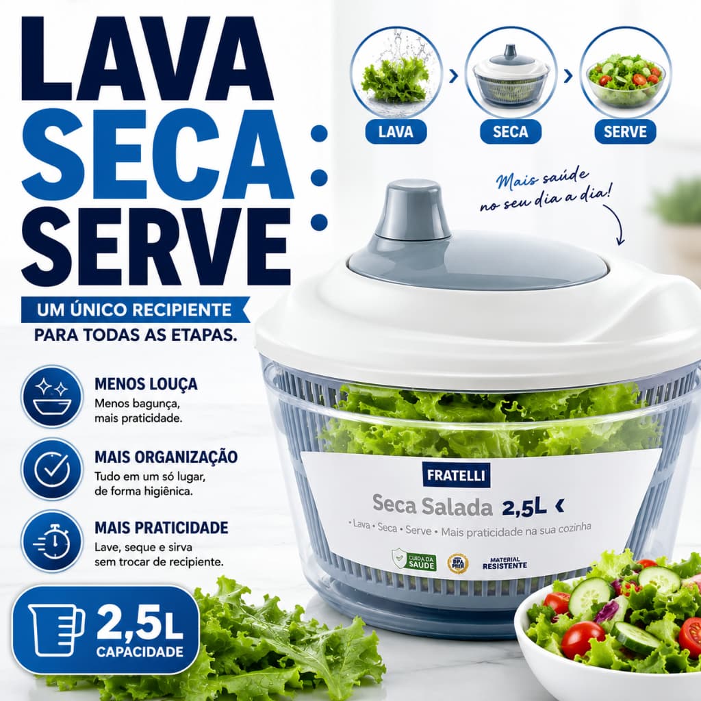 Seca Salada 2,5L Manual Fratelli Centrífuga Folhas Verduras Cinza