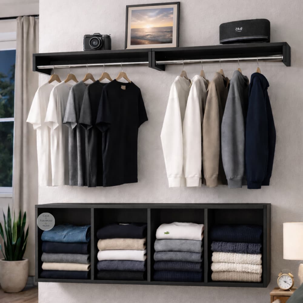 Cabideiro Suspenso de Parede tipo Arara para Closet Aberto – Organização e Praticidade para o Quarto 100