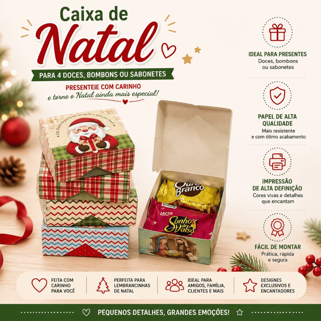 Kit 10/20/30 Caixinhas Natal - 4 Doces ou sabonete, bombom, Lembrancinha