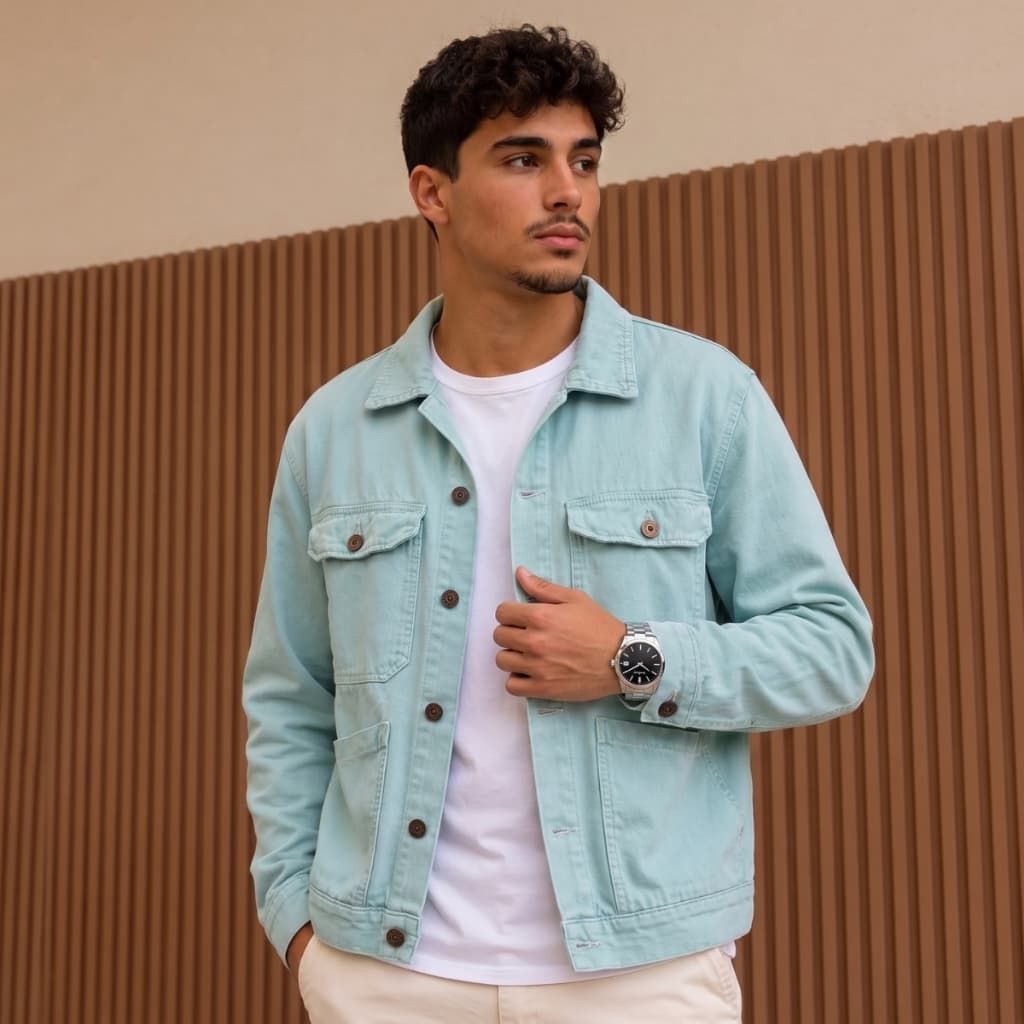 Jaqueta Jeans Masculina Azul Bebê Estilo Urbano Casual Manga Longa Confortável