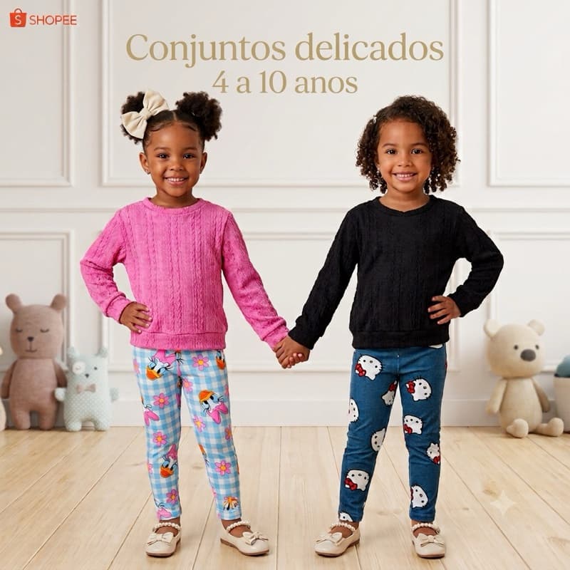 Conjunto Infantil Menina Hello Kitty e Margarida Malha Trabalhada 4 ao 10 Anos