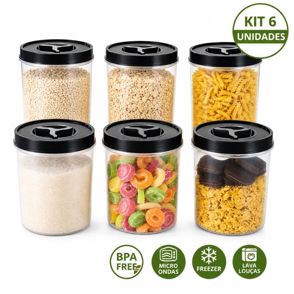 Kit 06 Pote Mantimento Tampa De Rosca 1Litro Organizador Jogo De Potes Hermeticos Cozinha