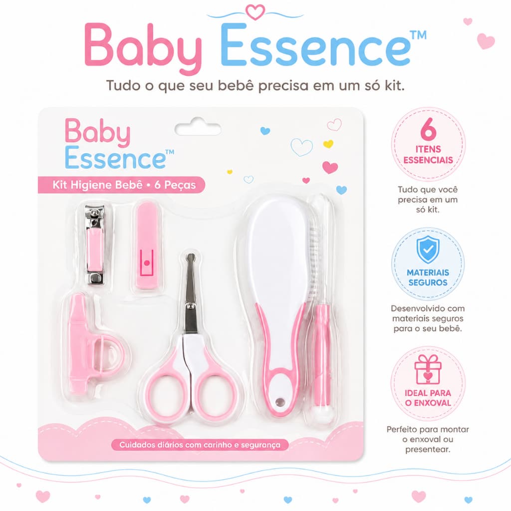 Kit Higiene Bebê 6 Peças Baby Essence Escova Pente Tesoura Cortador de Unha Recém-Nascido
