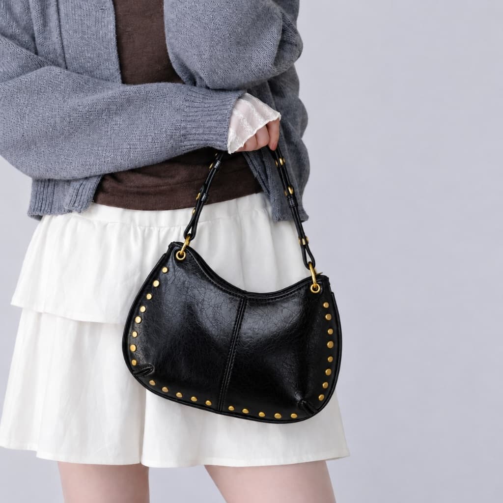 Bolsa Feminina De Ombro Baguete Bolsa Meia Lua Para Festa Festival Rock Y2K Bolsa Preta Prateada