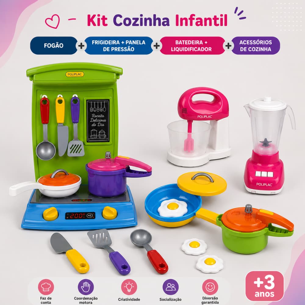 Kit Cozinha Infantil Brinquedo Completo Panelinhas Utensílios Liquidificador Batedeira Faz de Conta Poliplac