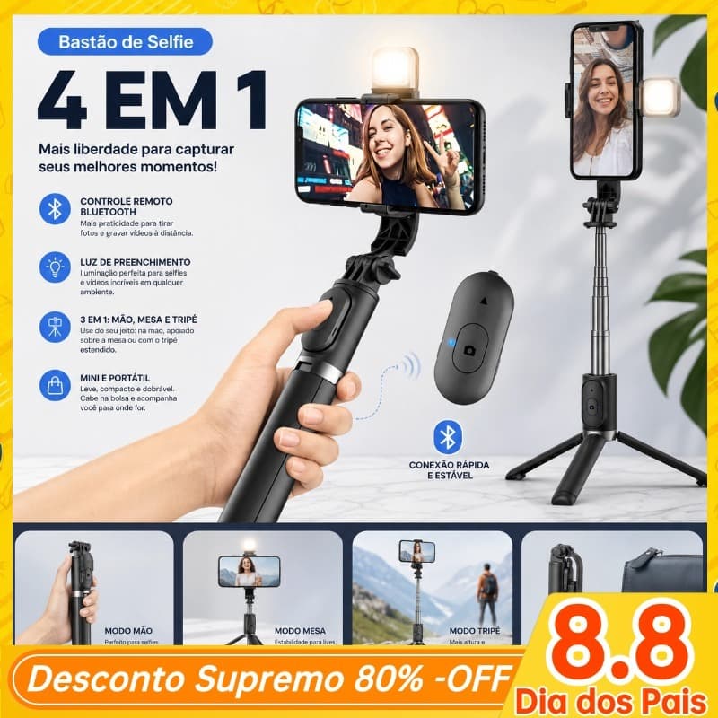 Bastão Pau de selfie Tripé Retrátil 170cm Com Luz LED Controle Bluetooth Celular Rotação de 360° para Live/Foto-Hy-R1700