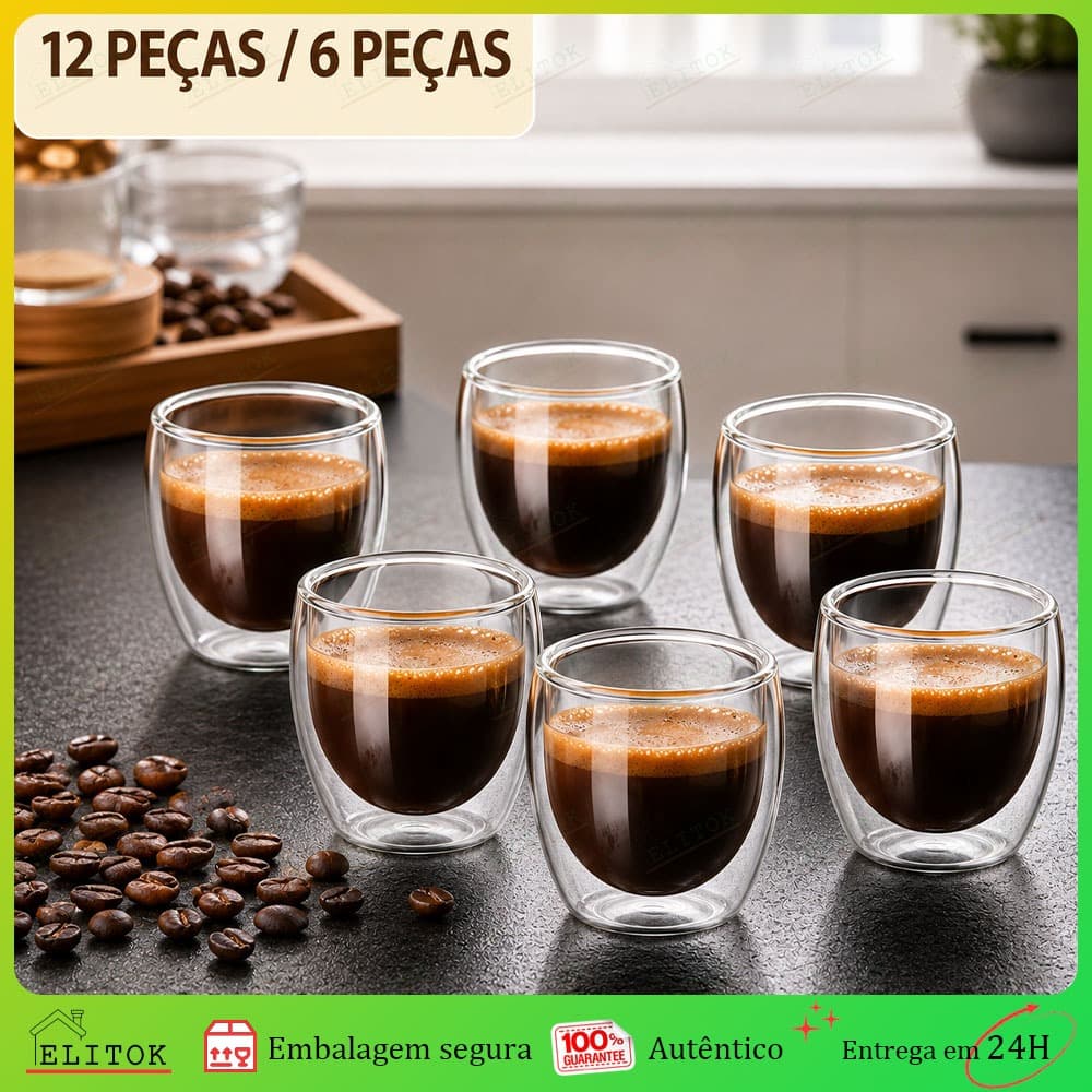 Jogo 6 Copos de Vidro 80ml Parede Dupla Café Expresso Chá Vidro Grosso Resistente Elegante Transparente