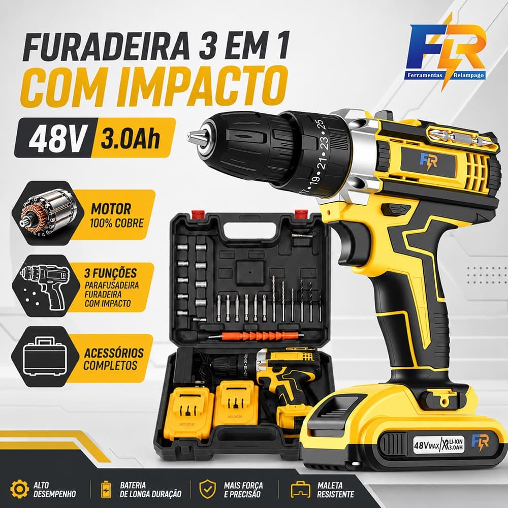 Parafusadeira Furadeira de Impacto 48V Sem Fio 2 Baterias 3 Funções com Maleta e Acessórios Kit Completo