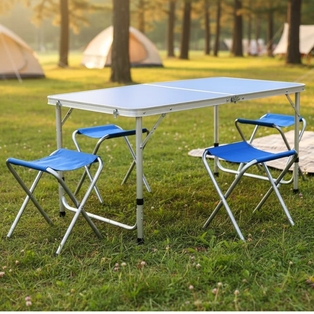 Mesa Dobrável Com 4 Banco Vira Maleta Portátil Camping e Lazer Azul
