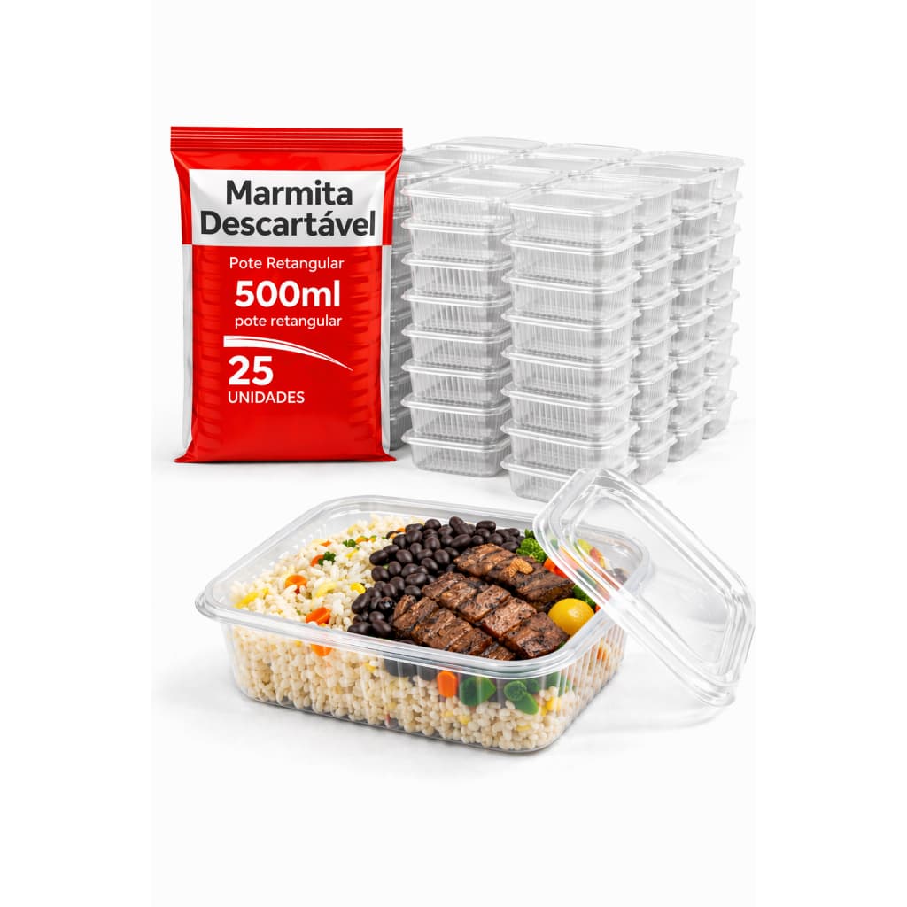 25un Marmitas Descartáveis 500ml com Tampa Transparente Pote Plástico para Marmita Refeição Delivery Freezer