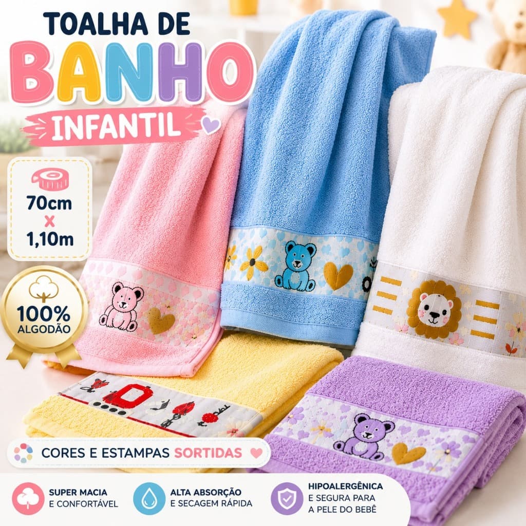 Toalha de Banho Infantil 100% Algodão 70x110cm Macia Alta Absorção Estampas Sortidas