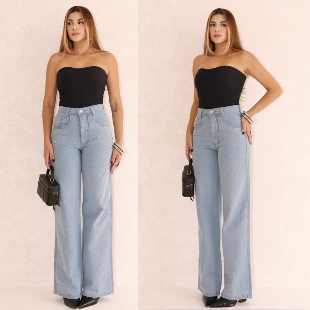 Calça Jeans Wide Leg Com Strass na Frente, Cintura Alta - Modelo Explosão Lateral
