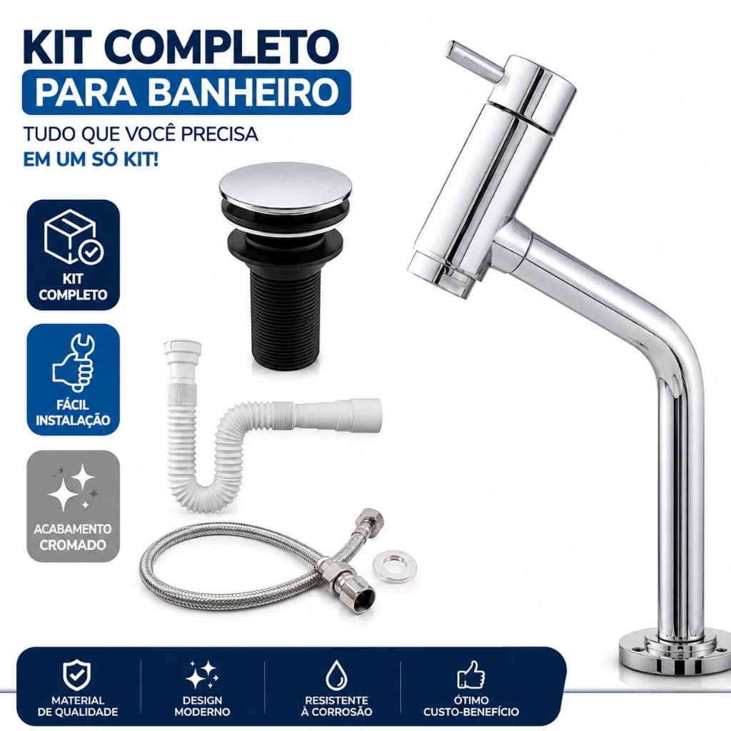 Kit Para Banheiro Torneira Cromada Bancada Alta ABS Com Válvula Click Sifão Sanfonado Engate Flexível Completo