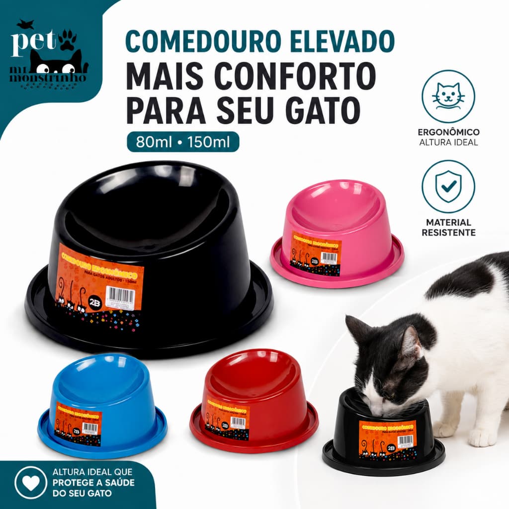 Comedouro Elevado Ergonômico Alto para Ração Gatos Anti-Formiga Postura Correta Adulto Filhote 150ml, 80ml