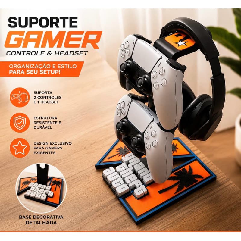 Suporte Para 2 Controles e Headset GTA VI | Suporte PS5 e XBOX