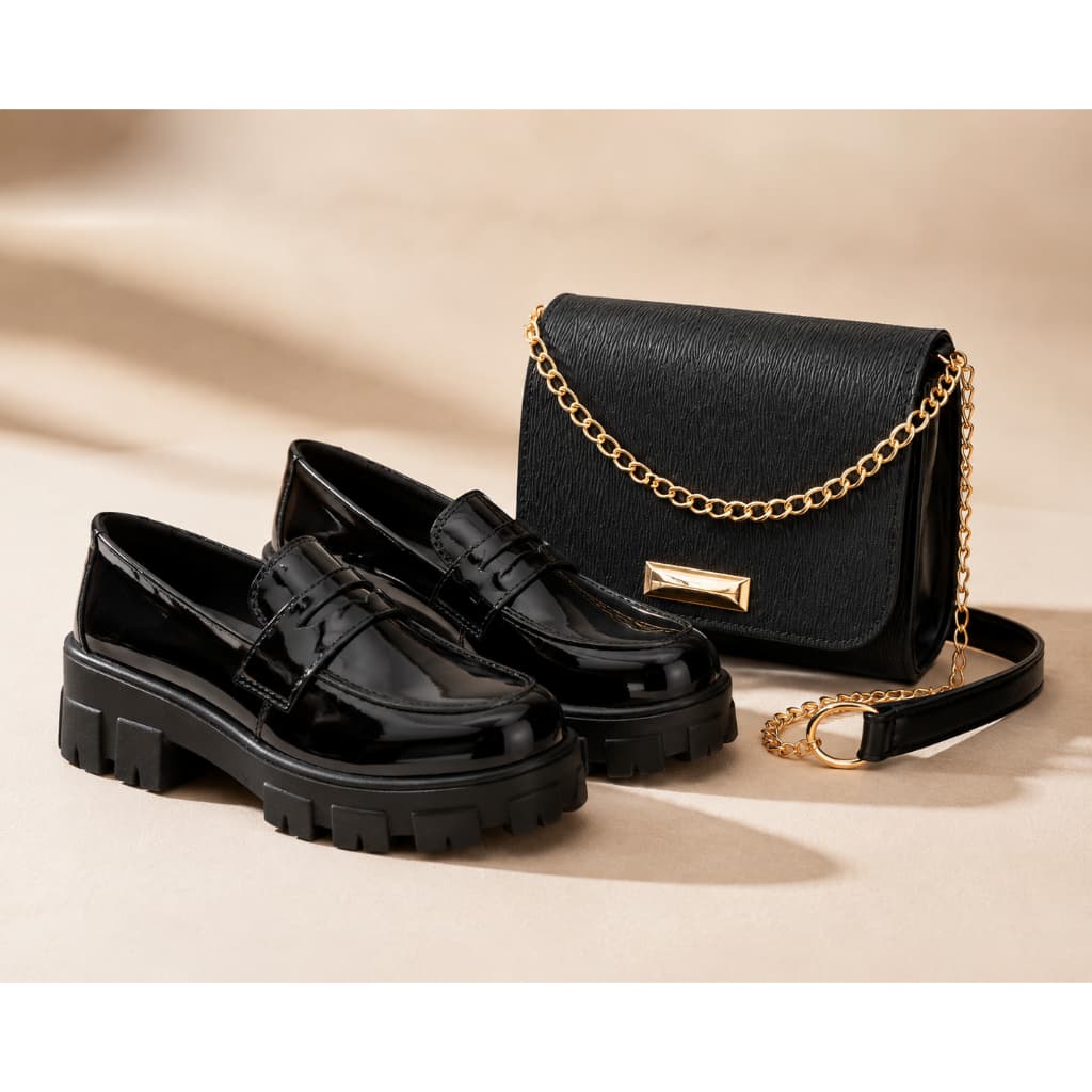 Kit Mocassim Feminino Elegante Confortável Com Bolsa Trasversal Preta