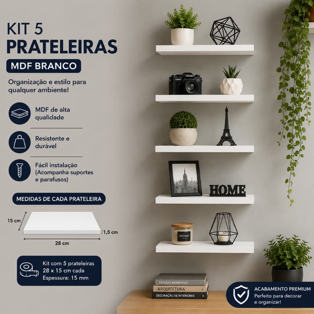 Kit com 5 Prateleiras em MDF Lisa Branca Porta Quadros e Decorações