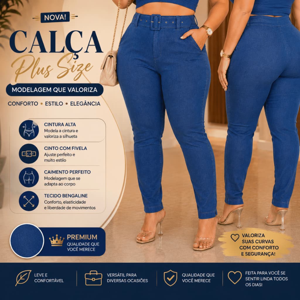 Calça Social plus seze Feminino Bengaline Cintura alta com Cinto Elegante Bersatil
