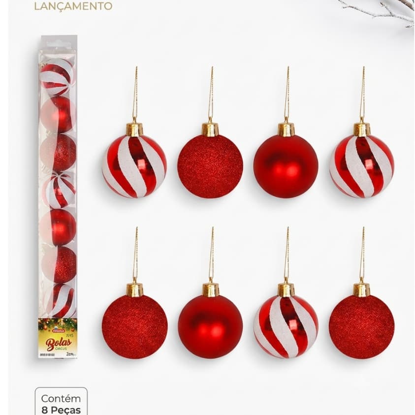Kit 8 Bolas De Natal Para Árvore Decoração Festiva Vermelha