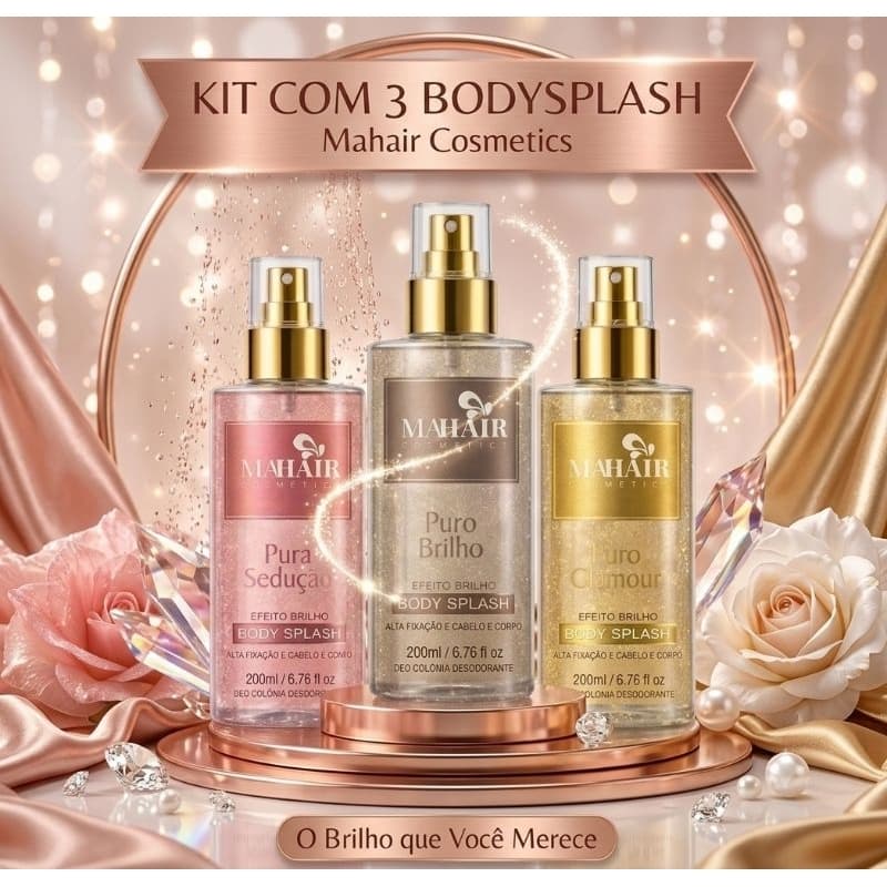 Kit 3 Body Splash Corpo e Cabelo com Brilho 200ml - Mahair