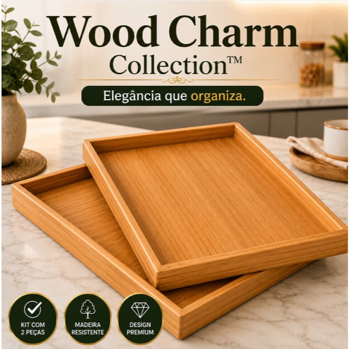 Kit 2 Bandejas Retangulares de Madeira para Servir Decorar Organizar Mesa Café Sala Cozinha Wood Charm Collection™