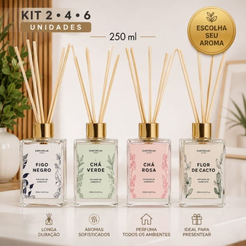 Kit Aromatizador de Ambiente 250ml Difusor de Varetas 2, 4 ou 6 Unidades Figo Negro Chá Verde Chá Rosa ENVIO IMEDIATO