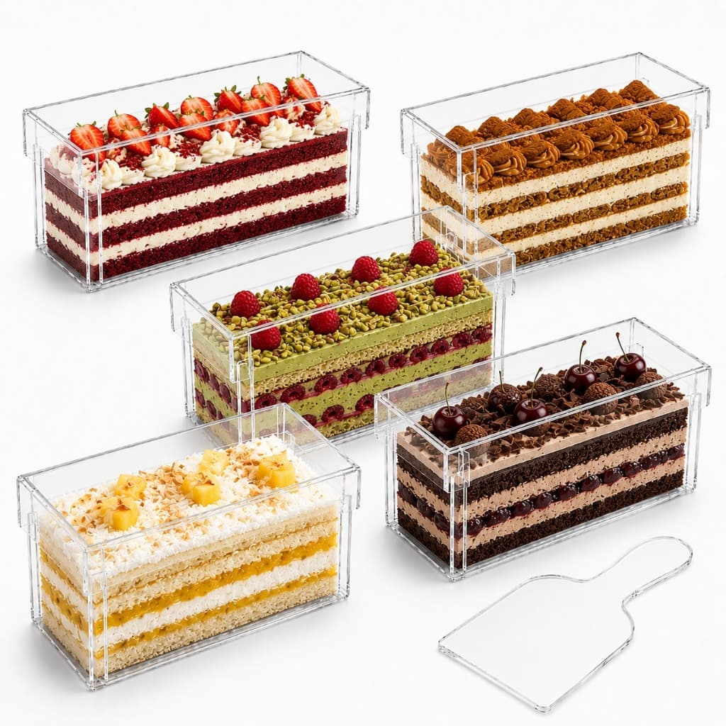 Kit 5 Forma Slice Cake 30x10x10 Acrílico Fatia Bolo Com Tampa Confeitaria Formas Cristal