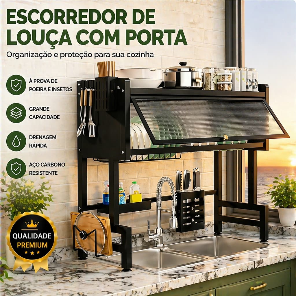 Escorredor de Louças Metálico 65cm com Porta para Utensílios