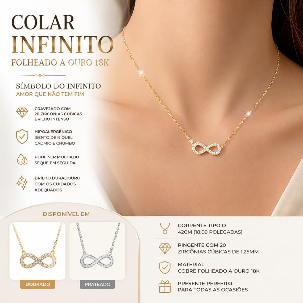 Colar Infinito Feminino Folheado a Ouro 18K com Zircônias Colar Delicado Dourado e Prateado Presente