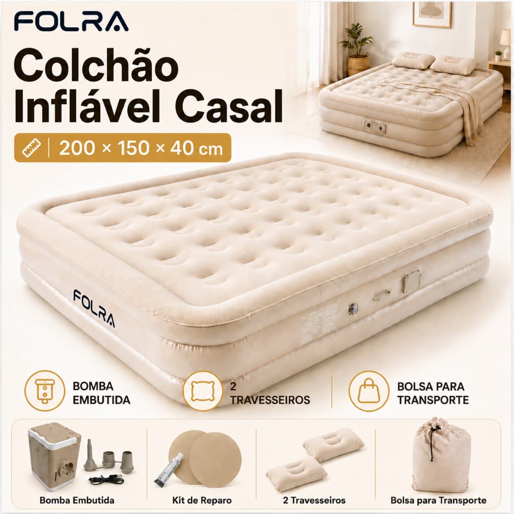 Colchão Inflável Casal FOLRA Automático Bomba Embutida Lítio Bateria 200x150x40cm Cama de Ar + 2 Travesseiros Kit Reparo