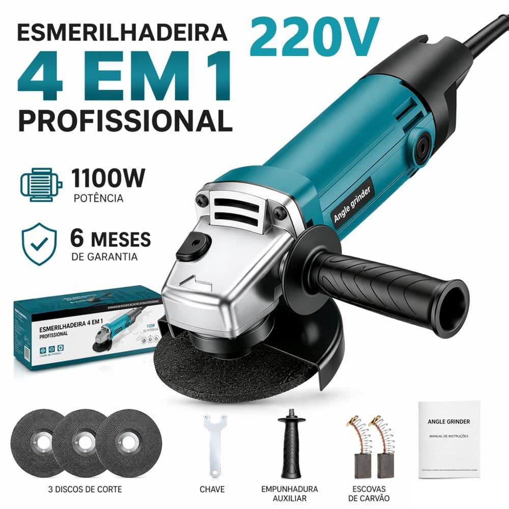 Esmerilhadeira Elétrica 220V 1100W Alta Rotação Com Disco 115mm Para Uso Profissional E Doméstico
