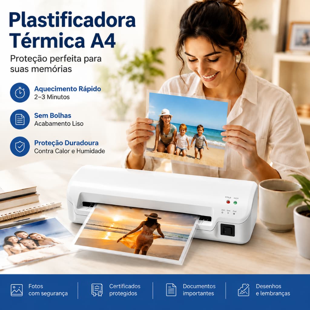 Plastificadora Documentos 3 em 1 - A4/A5/A6, Aquecimento Rápido 3min, Anti-Embolamento, Ideal para Fotos e Documentos
