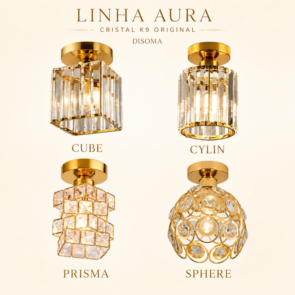 Luminária Plafon Cristal K9 Original Dourada Linha Aura E27 Disoma – Cube, Cylin, Prisma ou Sphere